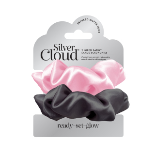 Silver Cloud Large Scrunchie Σατέν Λαστιχάκια Μαλλιών Μαύρο & Ροζ 2τμχ