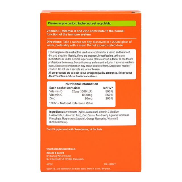 Holland & Barrett High Strength Immunity Support Powder Vits C & D & Zinc 14 Sachets - 2