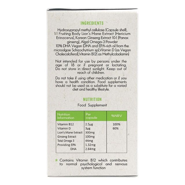 Grass & Co. FOCUS Lion's Mane Mushrooms with Ginseng + Omega-3 60 Vegan Capsules - 2